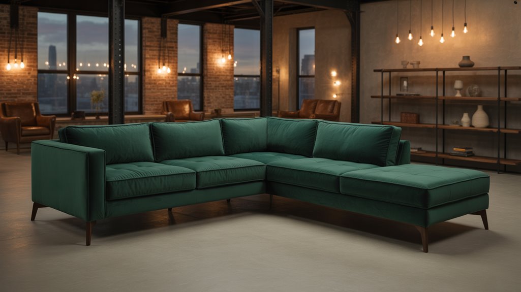 green couch exposed brick