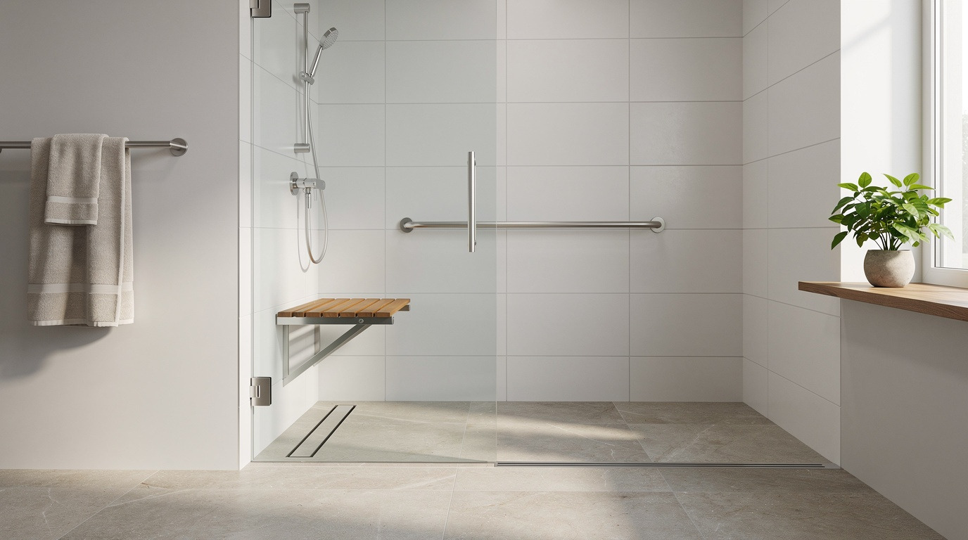 Accessible walk-in shower with a stainless steel grab bar and a fold-down teak seat in a bright, barrier-free bathroom