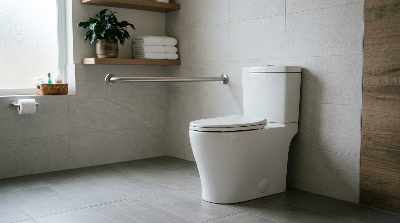 Brand-free white toilet in a naturally lit bathroom with a wall grab bar
