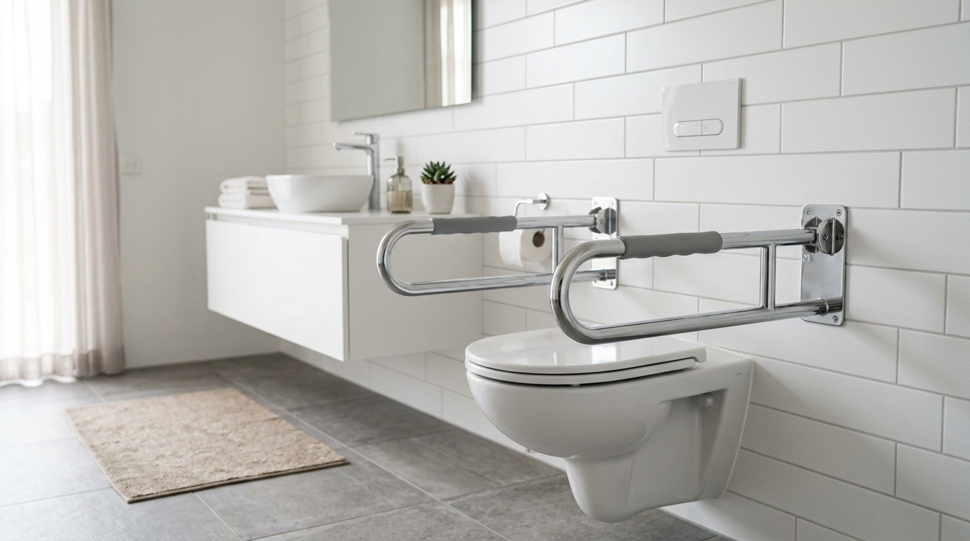 Brand-free toilet support rails beside a toilet in a bright bathroom