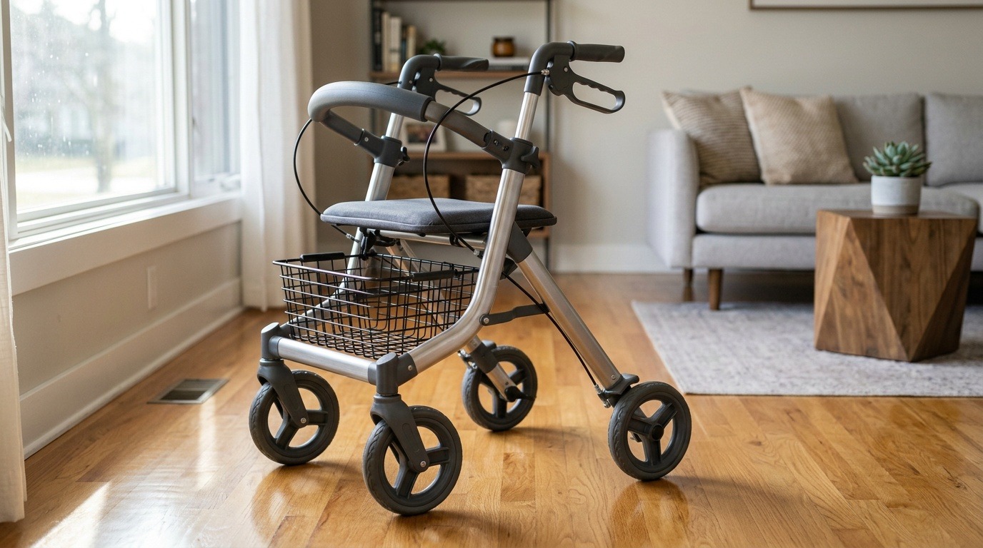An unbranded rollator walker in a bright home living room